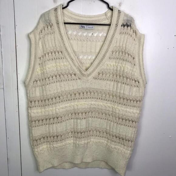 Zara Sweater Vest Womens Small Pointelle Knit Academia Oversized Deep V Neck - Picture 2 of 7